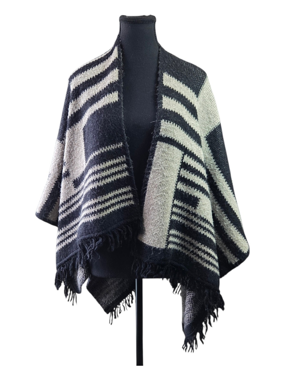 Fratelli Talli Knit Striped Fringe Poncho Wrap in Black and Cream O/S - Picture 2 of 4